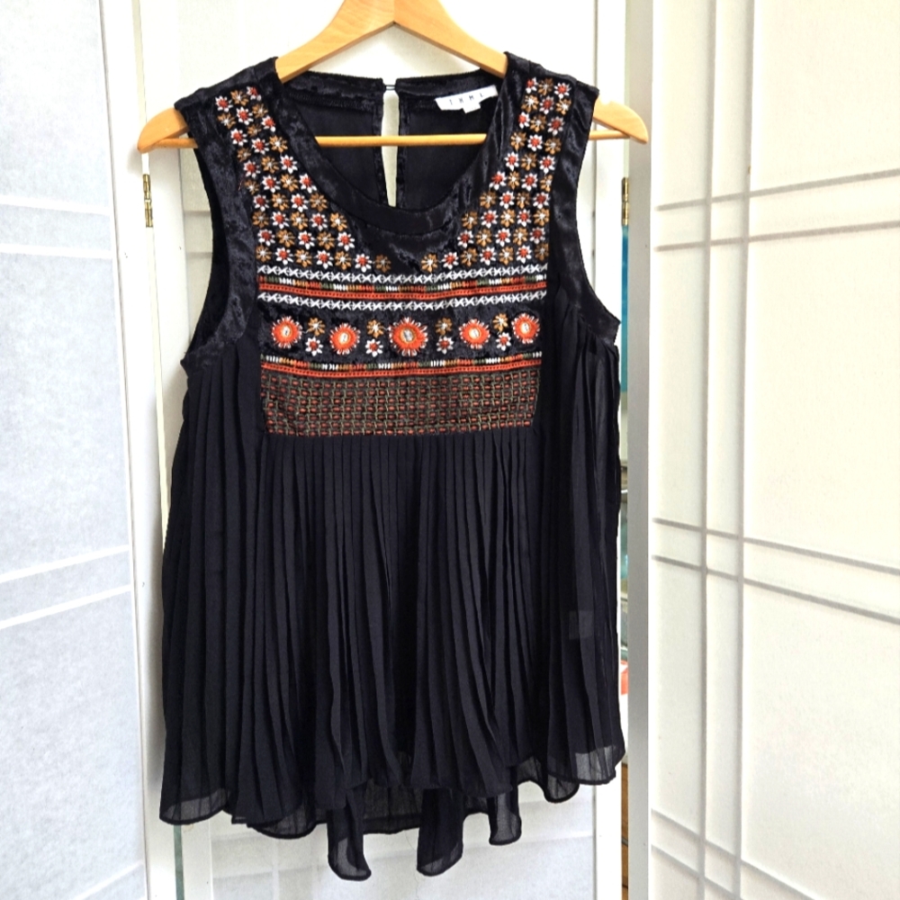 THML black embroidered floral velvet top